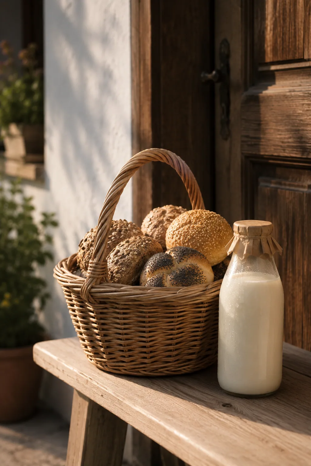 Brötchen-Korb morgens vor der Tür